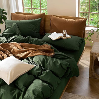 MooMee Bedding Duvet Cover Set 100% Washed Cotton Linen Like Textured Breathable Durable Soft Comfy (Solid Forest Green, Queen 90"x90")