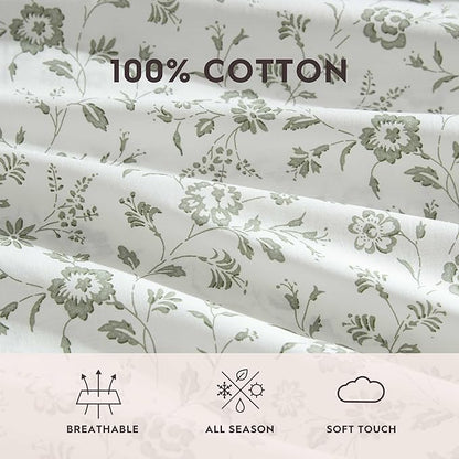 Laura Ashley - King Sheet Set, Crisp & Cool Cotton Percale Bedding with Deep Pockets, Lightweight for Year Round Comfort, Bed Sheets with Matching Pillowcases (Miranda Green)