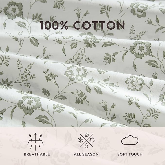 Laura Ashley - Queen Sheet Set, Crisp & Cool Cotton Percale Bedding with Deep Pockets, Lightweight for Year Round Comfort, Bed Sheets with Matching Pillowcases (Miranda Green)