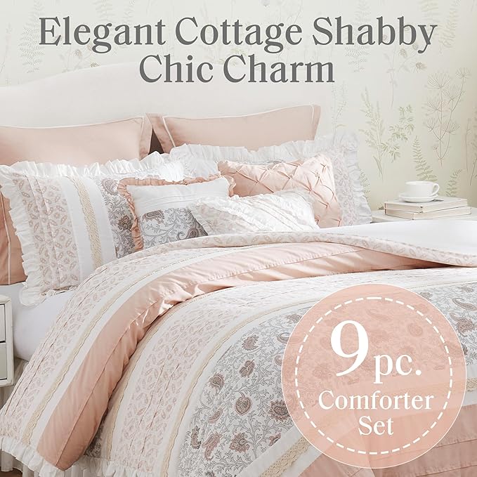 Madison Park Dawn 100% Cotton Shabby Chic Comforter Set-Modern Cottage Design All Season Down Alternative Bedding, Matching Shams, Bedskirt, Decorative Pillows, King(104"x92"), Blush 9 Piece