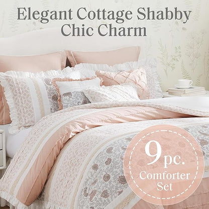 Madison Park Dawn 100% Cotton Shabby Chic Comforter Set-Modern Cottage Design All Season Down Alternative Bedding, Matching Shams, Bedskirt, Decorative Pillows, Cal King(104"x92"), Blush 9 Piece