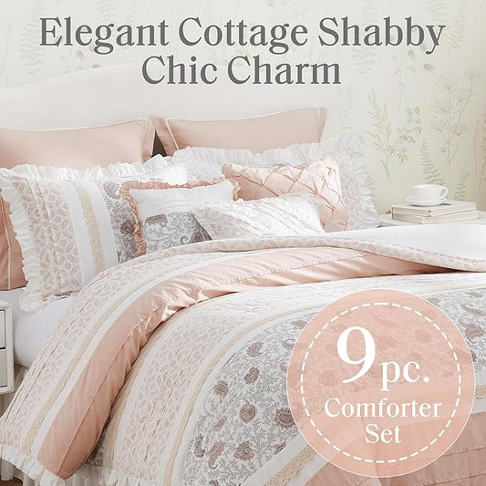 Madison Park Dawn 100% Cotton Shabby Chic Comforter Set-Modern Cottage Design All Season Down Alternative Bedding, Matching Shams, Bedskirt, Decorative Pillows, Cal King(104"x92"), Blush 9 Piece