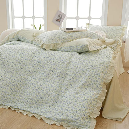VM VOUGEMARKET Green Stripes Lace Comforter Set Full Reversible Ruffle Bedding Set Vintage Fresh Blue Flower Comforter with 2 Pillow Shams for Teen Girls(3pcs,Full)