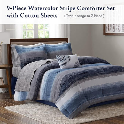 Madison Park Essentials Cal King Comforter Set, Bed in a Bag, Watercolor Print Coastal Comforter & Chambray Cotton Sheet Set, All Season Bedding, Saben, Navy Cal King (104 in x 92 in) 9Piece