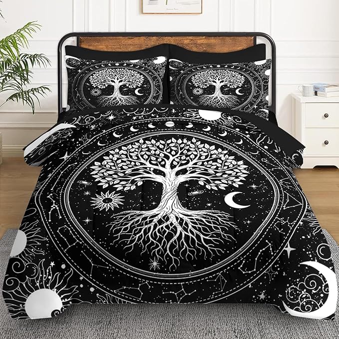 5 Pcs Twin Size Comforter Set with Pillowcase & Sham, Black Gothic Tree of Life Bedding for Kids and Adults, Nature Sun and Moon Bed in a Bag with Flat Fitted Sheet