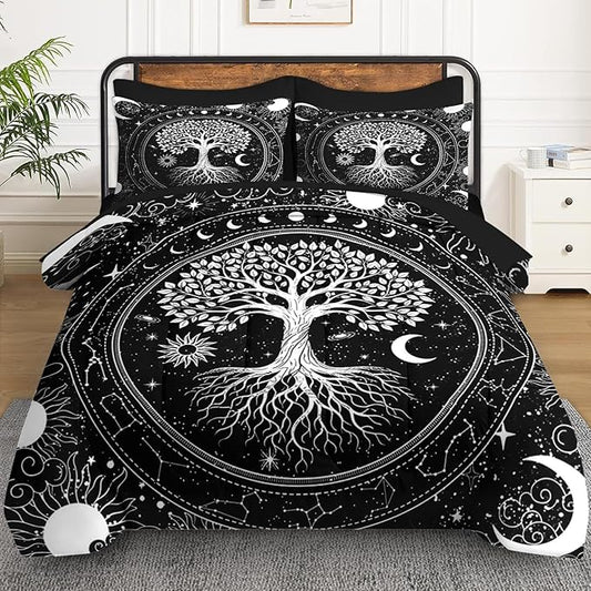 7 Pcs Full Size Comforter Set with 2 Pillowcases & 2 Shams, Black Gothic Tree of Life Bedding for Kids and Adults, Nature Sun and Moon Bed in a Bag with Flat Fitted Sheet