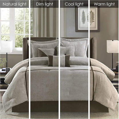 Madison Park Cozy Comforter Set Casual Blocks Design All Season, Matching Bed Skirt, Decorative Pillows, Queen(90"x90"), Dallas Corduroy, Taupe Brown, 7 Piece