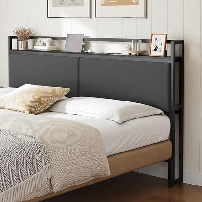 King Size Headboard Only with Storage Shelves, Upholstered Headboard with Charging Station, Height Adjustable, Sturdy and Stable, Vintage Style, Black