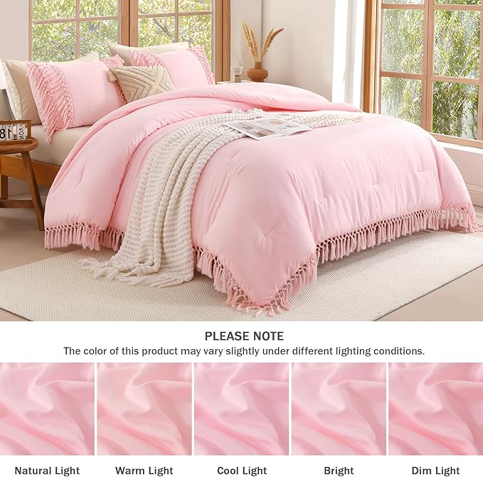 Andency Light Pink Comforter Set California King, 3 Pieces Boho Cal King Tassel Lightweight Soft Bedding Comforter Sets, Oversized Bed Set (104x96In Comforter & 2 Pillowcases)