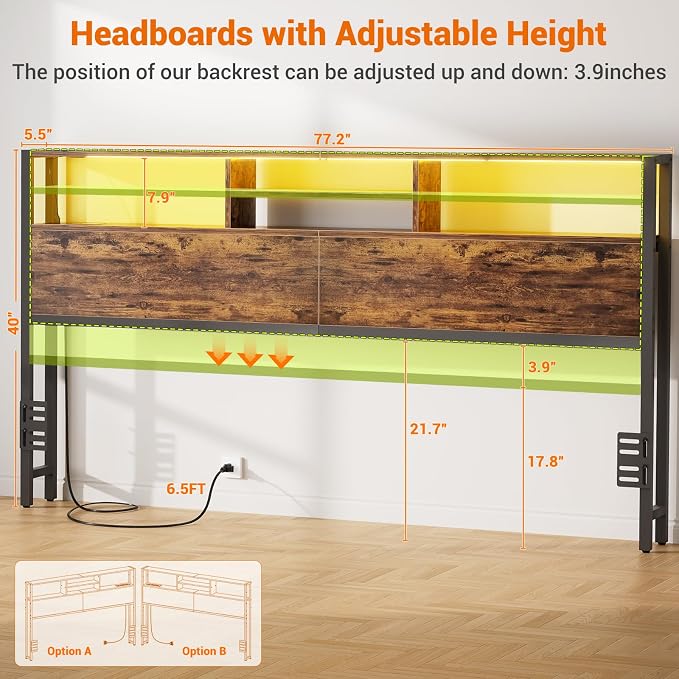 Aheaplus Headboard for King Size Bed with Storage, Headboards with Outlets, USB Ports and LED Light, King Size Head Board, Height Adjustable, Reversible, Sturdy and Stable Headboard, Rustic Brown