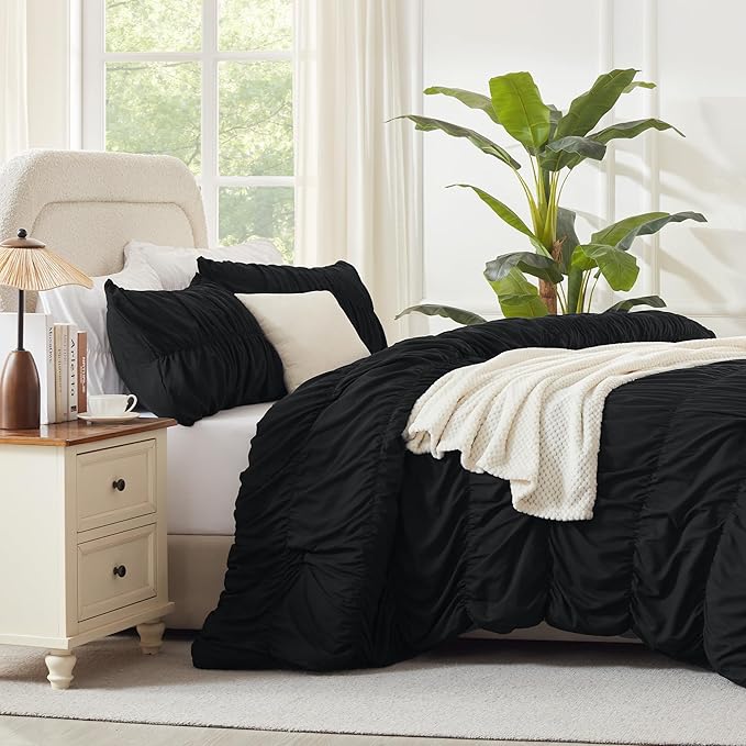 Andency Ruched Black Full Size Comforter Sets, Shabby Chic Pleatd Bedding Sets 3 Pieces, Lightweight Soft Boho Ruffle Bed Set for Girls, Kids, Women, All Season