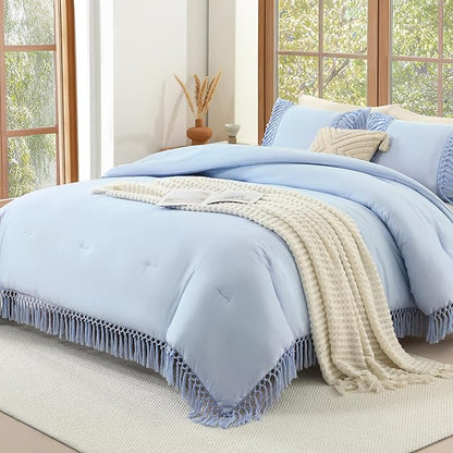 Andency Light Blue Comforter Set California King, 3 Pieces Boho Cal King Tassel Lightweight Soft Bedding Comforter Sets, Oversized Bed Set (104x96In Comforter & 2 Pillowcases)