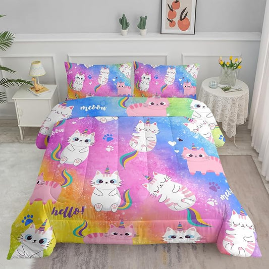 Axolotl Cat Bedding Twin Cartoon Cat Comforter Set, Rainbow Printed Kids Bedding Set for Girls, Adults, Teens, Kids Comforter Set All Season, 1 Quilt 2 Pillow Cases, Colorful Pink Blue
