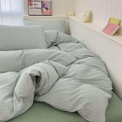 MKXI Ultra-Fine Stripe Duvet Cover Set Twin XL, 100% Washed Cotton Green & White Textured Bedding, 3 Piece Breathable Comfy Farmhouse Style Duvet Cover with Pillow Shams