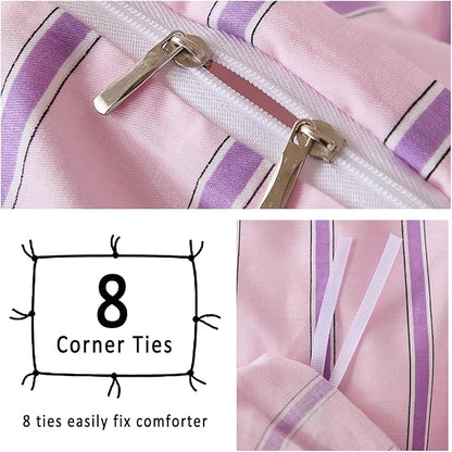 Merryword 100% Cotton Duvet Cover Set Queen Size - Pink & Purple Striped Bedding Set with Zipper & Corner Ties, 3-Piece Luxury & Silky Soft Bedding Set for All Seasons