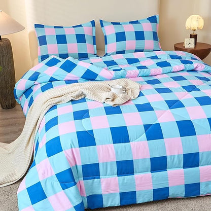 Caressma Comforter Set Blue and Pink Checkered King Size, 3 Pieces Buffalo Grid Comforter Bedding Set, Geometric Checkered Bedding with Pillowshams
