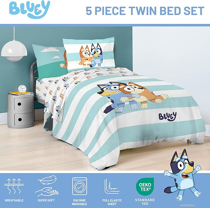 Jay Franco Bluey & Bingo 5 Piece Twin Size Bed Set - Includes Comforter & Sheet Set - Super Soft Kids Bedding Fade Resistant Microfiber (Official Bluey Product)