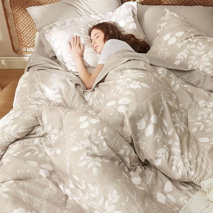 Bedsure Full Size Comforter Set - 7 Pieces Floral Beige Soft Bedding Sets, Full Bed in a Bag with Botanical Flowers Comforter, Sheets, Pillowcases & Shams