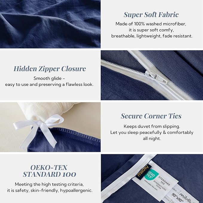 MILDLY Super Soft Duvet Cover 2pcs - 100% Washed Microfiber Navy Blue Comforter Cover Set with Zipper Closure & Corner Ties (No Comforter)