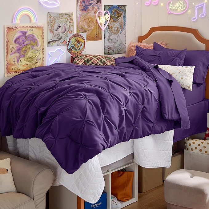 Bedsure Twin XL Comforter Set - Extra Long 5 Pieces Dorm Bedding Sets, GentleSoft™ Pinch Pleat Purple Bed in a Bag with Pintuck Comforter, Sheets, Pillowcase & Sham