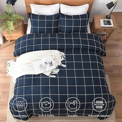 Andency Navy Plaid Comforter Full(79x90Inch), Dark Blue Grid Gingham Buffalo Plaid Bed Set for Boys Kids Teens, 3 Pieces Lightweight Polyester Geometric Preppy Bedding