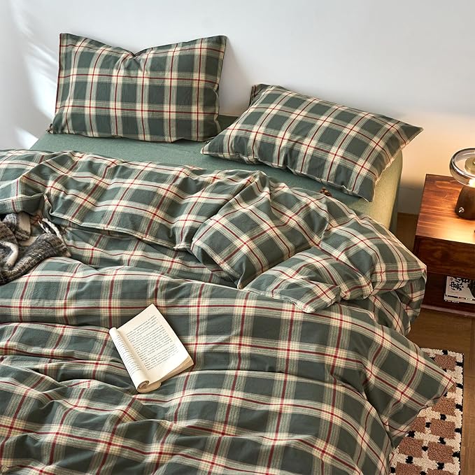 EAVD Vintage Green Buffalo Plaid Comforter Set Twin XL Soft 100% Washed Cotton Retro Green&Red Grid Checkered Bedding Set with 2 Pillowcases Farmhouse Gingham Comforter Set for All-Season
