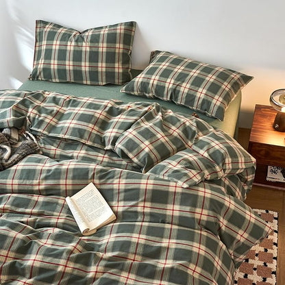 EAVD Vintage Green Buffalo Plaid Comforter Set King Soft 100% Washed Cotton Retro Green&Red Grid Checkered Bedding Set with 2 Pillowcases Farmhouse Gingham Comforter Set for All-Season