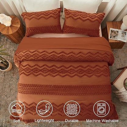 Luxudecor Terracotta Boho Tufted Comforter Set Full Size 3 Pieces Boho Shabby Chic Comforter Farmhouse Embroidery Bedding Set Soft Comforter for All Seasons (Terracotta, 80''x90'')