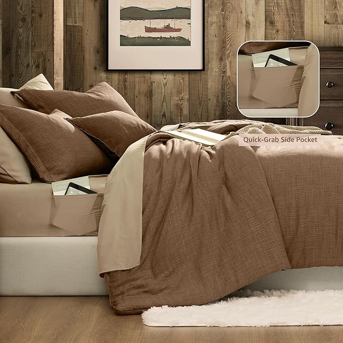 Geniospin King Size Comforter Set - 7 Pieces Brown Comforter King Size, Soft Solid Bedding Set for All Season, Textured Bed in a Bag with Sheets, Pillowcases & Shams