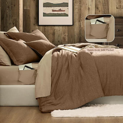 Geniospin King Size Comforter Set - 7 Pieces Brown Comforter King Size, Soft Solid Bedding Set for All Season, Textured Bed in a Bag with Sheets, Pillowcases & Shams