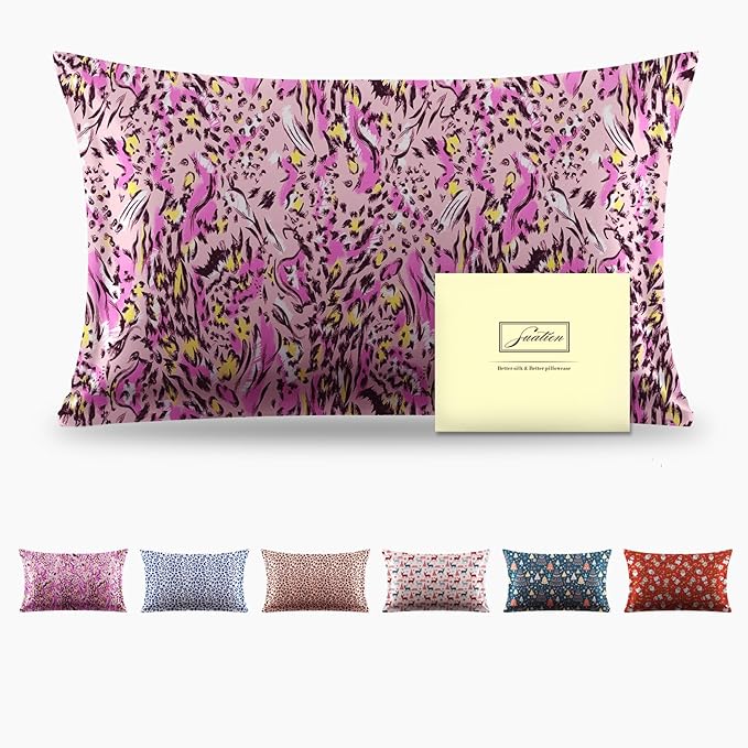 Mulberry Silk Pillowcase for Hair and Skin King Size Leopard Print Silk Pillow Cases with Zipper Soft Breathable Smooth Cooling Silk Pillow Covers for Sleeping (Pink Paint, 20"X 36",1Pcs)