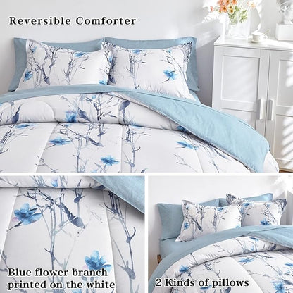 7 Pieces Bed in a Bag King Comforter Set with Sheets, Blue Flower Branch on White Botanical Bedding Sets for All Season (1 Comforter, 2 Pillow Shams, 1 Flat Sheet, 1 Fitted Sheet, 2 Pillowcases)