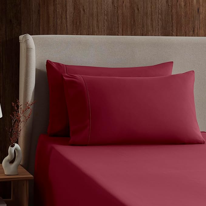 Nestl Split King Sheet Set - 1800 Ultra-Soft Microfiber Bed Sheets - Double Brushed - Deep Pockets - Easy Fit - 5 Piece Set - Bed Sheets & Pillowcases (Split King Size, Burgundy Red)