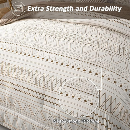 WONGS BEDDING Brown Boho Comforter Set Queen 7 Pieces Bed in a Bag Geometric Striped Comforter Reversible Soft Microfiber Bedding Set with Pillowcases,Flat Sheet,Fitted Sheet,Pillow Shams