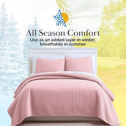 Southshore Fine Living, Inc. Stitched Pink Queen Quilt Bedding Set, Oversized Quilts Queen Size/Full, Pet Hair Resistant Bedding, Soft Cozy Bedspread, Full Size Coverlet, 2 Pillow Shams, Pastel Pink