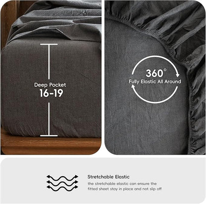 MooMee Bedding Sheet Set 100% Washed Cotton Linen Like Textured Breathable Durable Soft Comfy (Heathered Dark Grey, Twin)