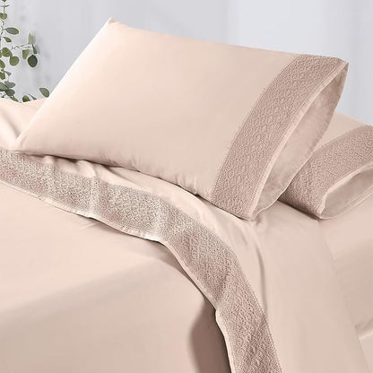 Modern Threads 4 Piece Microfiber Sheet Set – Soft Cooling Bed Sheets with Crochet Lace – Deep Pocket, Wrinkle Free, Breathable, Hotel Luxury Bedding, Blush Pink, King