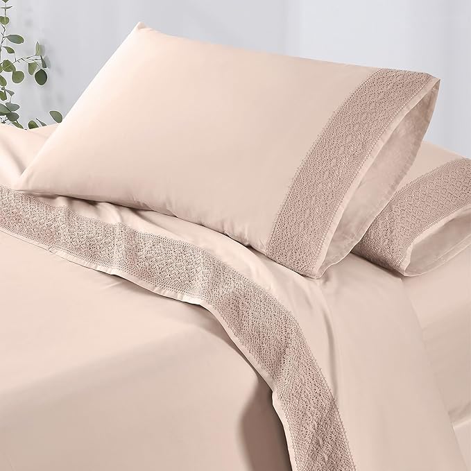 Modern Threads 3 Piece Microfiber Sheet Set – Soft Cooling Bed Sheets with Crochet Lace – Deep Pocket, Wrinkle Free, Breathable, Hotel Luxury Bedding, Blush Pink, Twin