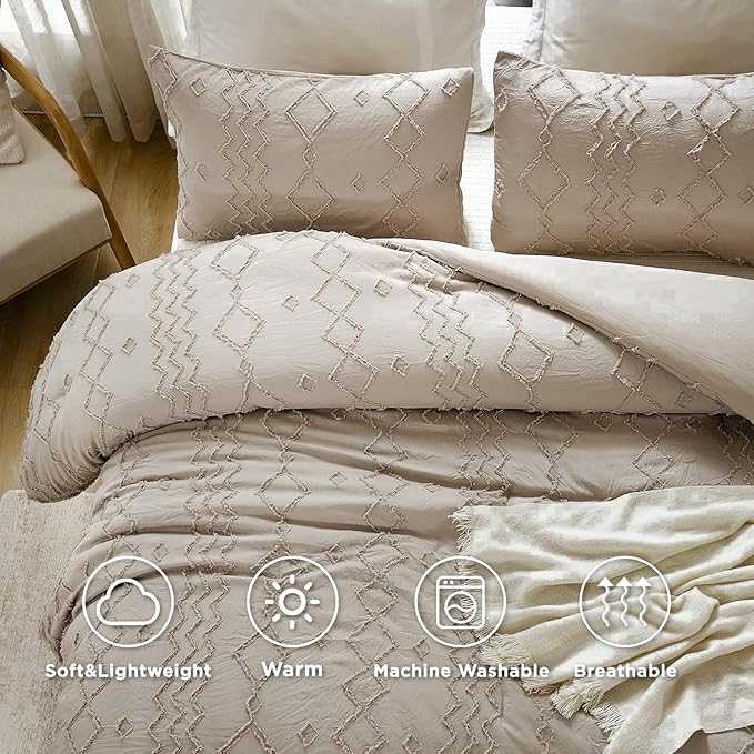 Andency Khaki Tufted Comforter Set California King(104x96Inch), 3 Pieces(1 Boho Comforter, 2 Pillowcases) Textured Farmhouse Shabby Chic Bed Set, Soft Fluffly Down Geometric Tan Bedding