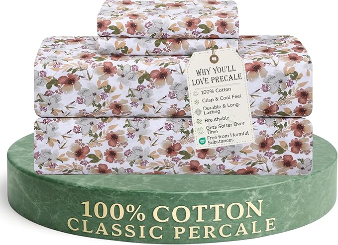 Feather & Stitch Softest 100% Cotton Sheets, 300 Thread Count Percale Weave Bedding, 16" Deep Pocket, Cooling Sheets, Breathable Bed Set, Hotel Premium Quality (Twin, Florence)