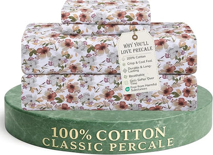 Feather & Stitch Softest 100% Cotton Sheets, 300 Thread Count Percale Weave Bedding, 16" Deep Pocket, Cooling Sheets, Breathable Bed Set, Hotel Premium Quality (Full, Florence)