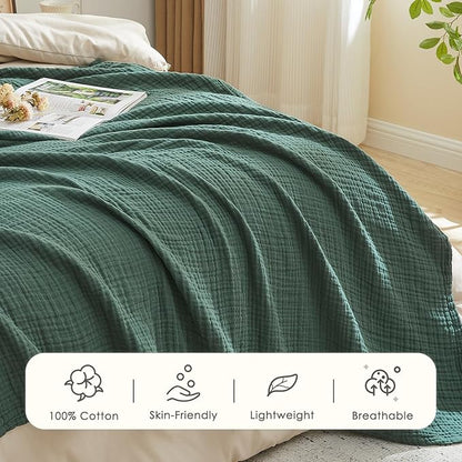 EMME Cotton Muslin Twin XL Blanket Breathable Gauze Blanket Soft Lightweight Blankets Adults Gifts for Women (Forest Green, 66"x90")