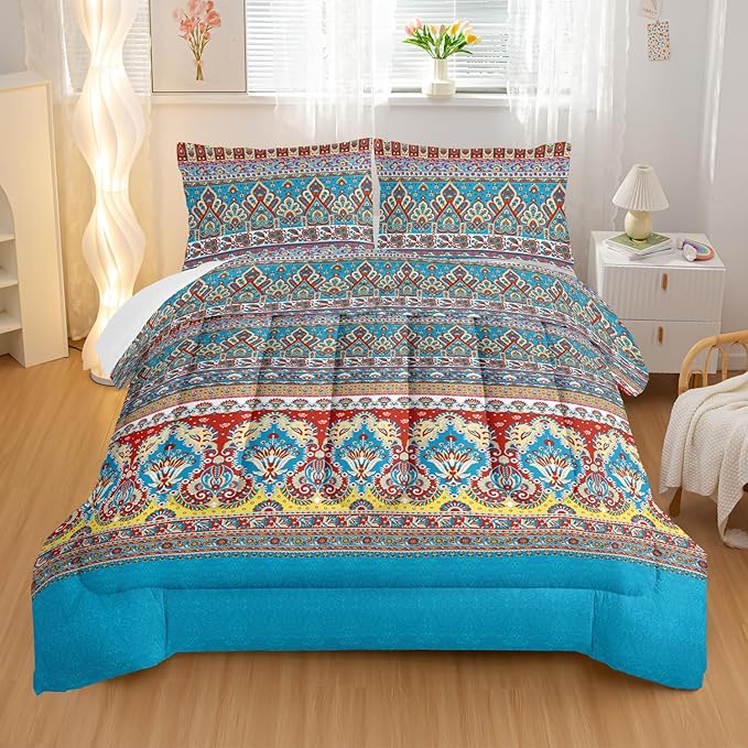 Paisley Bohemian Comforter Sets Queen Size,Colorful Boho Chic Medallion Exotic Bedding Set for Your Room,Abstract Soft Lightweight Quilted Set All Season,1 Comforter and 2 Pillowcases