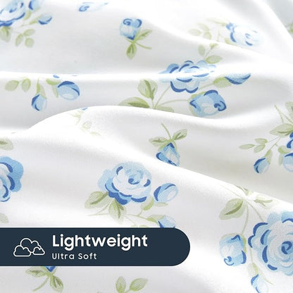 Wake In Cloud - Coquette Duvet Cover Set, Floral Cottagecore Flower Shabby Chic Cute Aesthetic, Soft Lightweight Bedding for Women Teen Girls, 3-Piece, White Blue, Queen Size