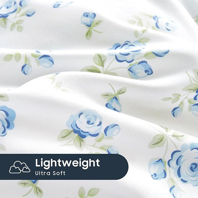 Wake In Cloud - Coquette Duvet Cover Set, Floral Cottagecore Flower Shabby Chic Cute Aesthetic, Soft Lightweight Bedding for Women Teen Girls, 3-Piece, White Blue, King Size