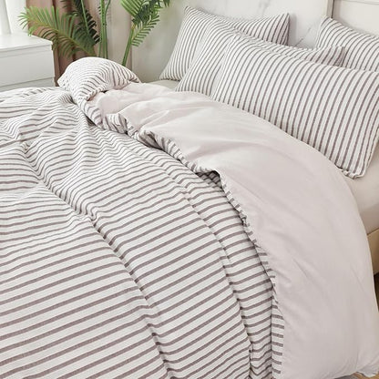 Luxury Grey Comforter Set Queen - Washed Microfiber 3 Pieces Jacquard Bedding, White & Grey Vertical Ticking Stripes Pattern Comforter with 2 Pillowcases, Soft Breathable Durable Comfy