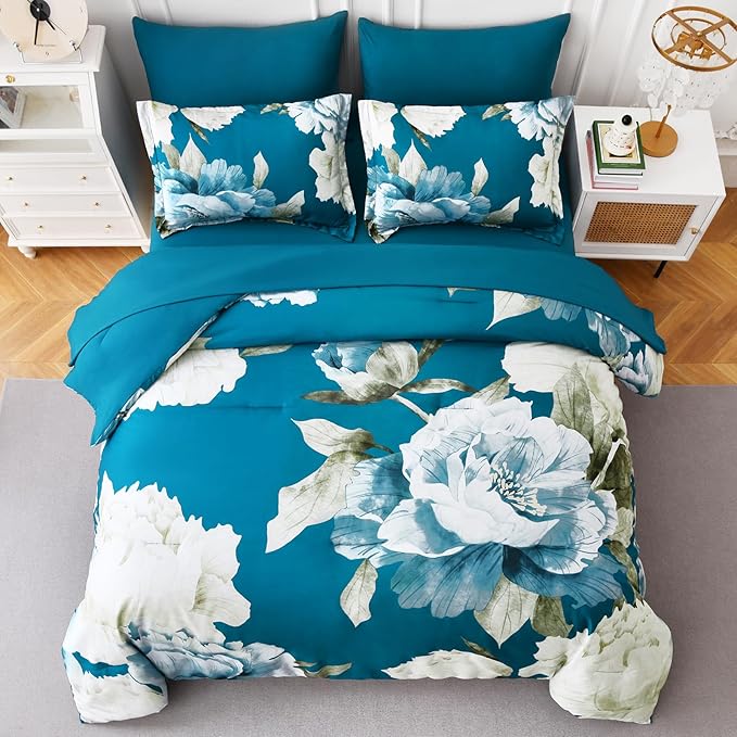 Dobuyly Teal Comforter Set King 7 Piece Bed in a Bag, Teal Blue Floral Printed Comforter Set with Sheets, Soft Microfiber Botanical Complete Bedding Set for All Season