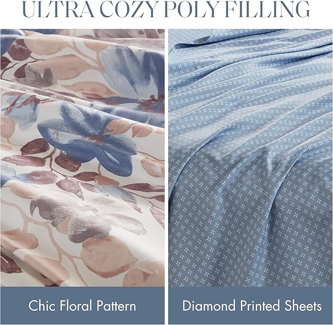Madison Park Essentials Twin Comforter Set with Sheets, Floral Bed in A Bag Microfiber Comforter for Twin-Size Bed, Shabby Chic Twin Bedding Set Diamond Printed Sheet, Luna, Twin, Blue 5 Piece