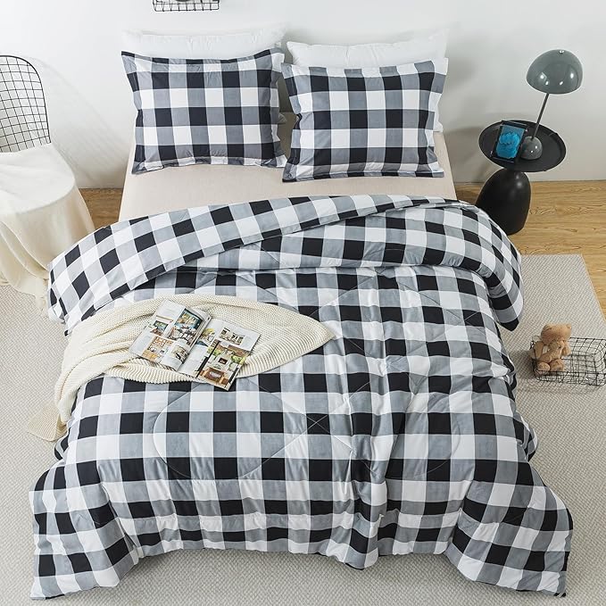 Caressma Plaid Comforter Set Black and White Full Size, 3 Pieces Buffalo Plaid Comforter Bedding Set, Stylish Geometric Plaid Fluffy Home Decor for All Seasons