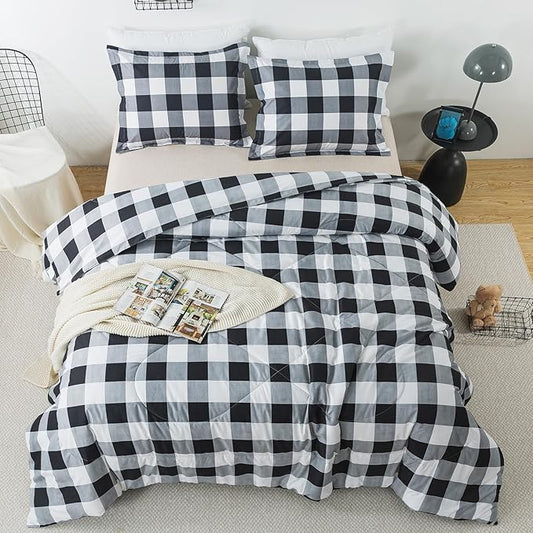 Caressma Plaid Comforter Set Black and White Full Size, 3 Pieces Buffalo Plaid Comforter Bedding Set, Stylish Geometric Plaid Fluffy Home Decor for All Seasons